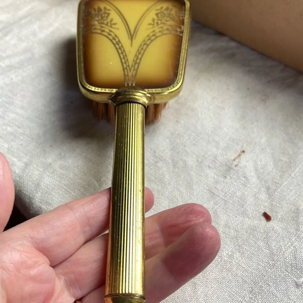 VTG Midcentury vanity set Art Nouveau styles brush & mirror in box.